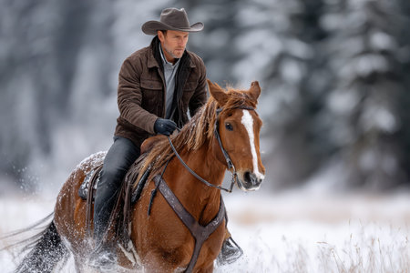Rider navigates snowy terrain on horseback, surrounded by tall trees covered in snow, showing great skill.の写真素材