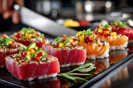 A gourmet plate of sushi on a sleek black tabletop, under soft, cool lighting, shot using a macro lens, with a swift movement of a chef's knife in the backgroundの写真素材