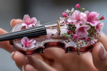 Delicate flowers adorn a miniature violin as a hand gracefully supports it, showcasing artistry and nature.の写真素材