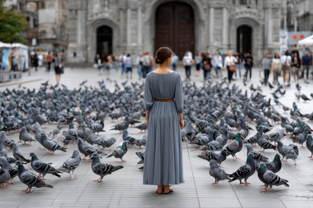 A woman stands in a flowing gray dress as flocks of pigeons gather around her in a lively urban square.の写真素材