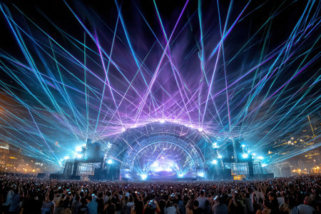 A huge crowd enjoys a dazzling laser show at an outdoor night concertの写真素材