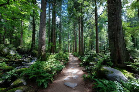 A sunlit path winds through a lush green forest alongside a small streamの写真素材