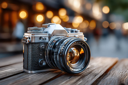 A close-up of a vintage camera on a wooden table, under a single source of warm light, shot with a macro lens, celebrating the art of photographyの写真素材