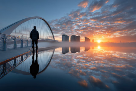 A man standing on a bridge in a foggy city at dawn, under soft, natural light, shot with a wide-angle lensの写真素材