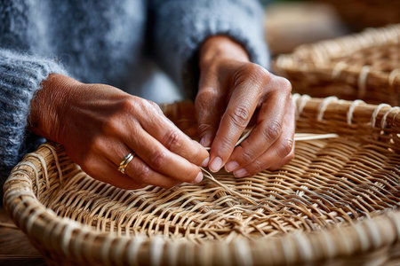 Skilled hands weave strands indoors, crafting a beautiful basket that showcases traditional craftsmanship.の写真素材