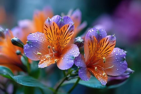 Closeup of orange and purple flowers with water dropletsの写真素材