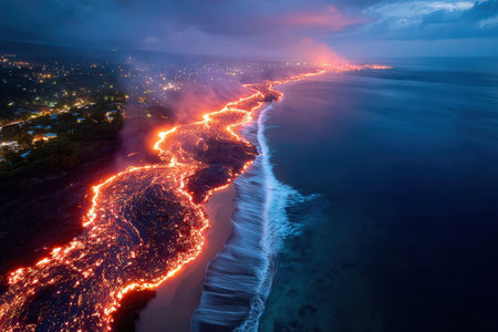 Aerial view of a lava flow entering the ocean at duskの写真素材