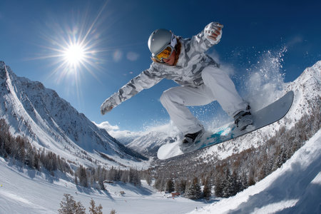 Snowboarder performs a jump with mountains in the backgroundの写真素材