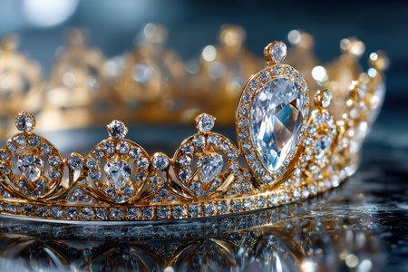 A gold crown with diamonds rests on a dark, reflective surfaceの写真素材