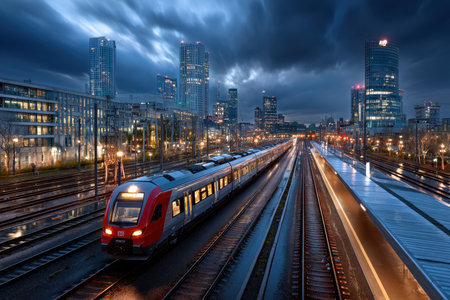 Train arriving at station platform in city center at duskの写真素材