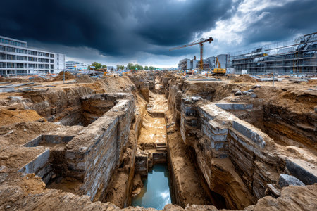 Excavation site reveals ancient ruins amidst modern construction under a stormy skyの写真素材