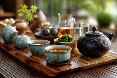 Tea set arranged on a wooden tray with bamboo matの写真素材