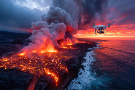 A drone captures a volcanic eruption flowing into the ocean at sunsetの写真素材