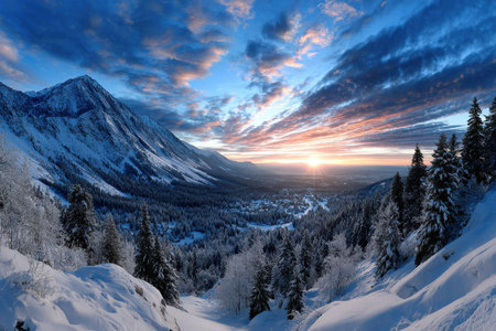 Snowy mountain valley at sunrise during winterの写真素材