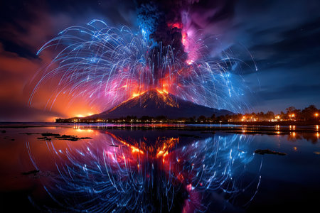 A volcano erupts with electric blue fireworks at night, reflected in the water belowの写真素材