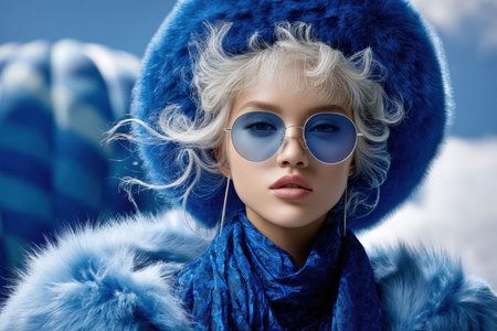 A woman wearing stylish blue sunglasses and a fluffy blue hat showcases fashion against a vibrant sky.の写真素材