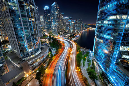 A high angle view of a cityscape with light trails at nightの写真素材