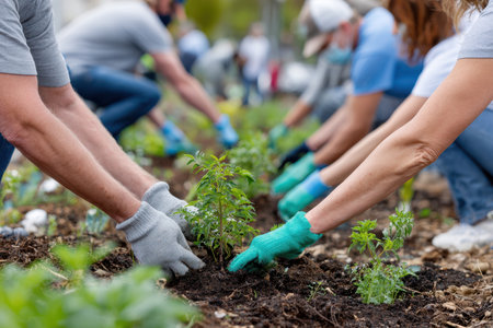 Volunteers plant seedlings in a community garden, contributing to a greener environment and community bonding.の写真素材