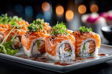 A plate of sushi, in a high-end Japanese restaurant, creating a luxurious mood, under soft, overhead lighting, shot with a tilt-shift lens, with a single grain of rice tumbling off a pieceの写真素材
