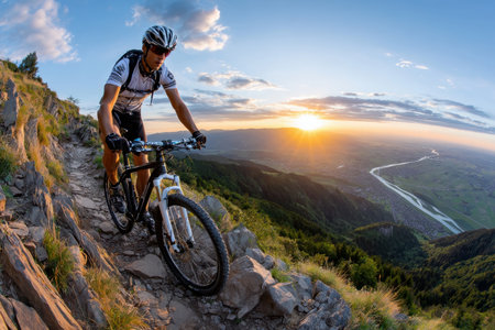 A mountain biker rides a rocky trail at sunset overlooking a valleyの写真素材