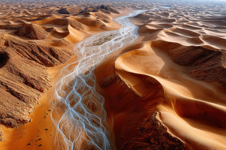 A winding river flows through vast desert dunes in an aerial viewの写真素材