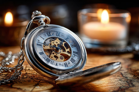 An antique pocket watch on a vintage map, lit by candlelight, shot with a macro lens, evoking a sense of nostalgia and adventureの写真素材