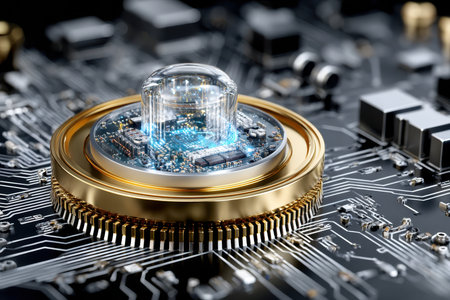 A microchip is showcased within a glass dome, surrounded by detailed circuitry and electronic components.の写真素材