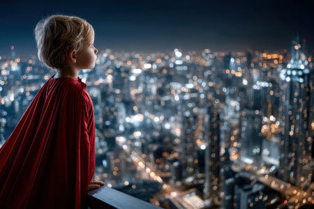 A child dressed in a red cape stands on a balcony overlooking a vibrant city at night, captivated by the view.の写真素材