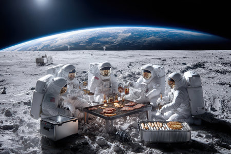 Group of astronauts gathered around a grill on the lunar surface, cooking a meal with Earth visible in the background.の写真素材