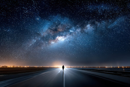A woman walking on a deserted road, under a star-filled sky, shot with a long exposure to capture the movement of the stars, embodying solitude and the vastness of the universeの写真素材