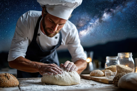 A baker kneads dough on a wooden table while surrounded by nature under a star-filled night sky.の写真素材