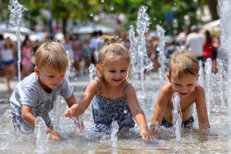 Three children enjoy splashing and playing in a city fountain under the warm sun during summer.の写真素材