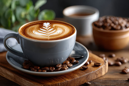 A gray coffee cup with latte art sits on a saucer with coffee beansの写真素材