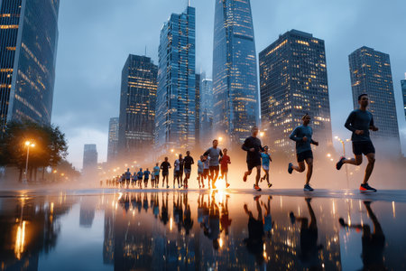 Groups of runners jog along a bustling urban street, reflecting lights and overcoming the evening fog.の写真素材