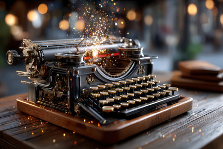 A vintage typewriter on a wooden desk, under warm, focused light, with a sudden strike of a keyの写真素材