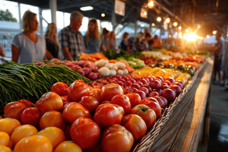 Colorful fresh produce displayed at a farmers market with shoppers in the backgroundの写真素材