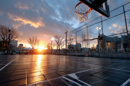 An empty outdoor basketball court at sunset with a city backdropの写真素材
