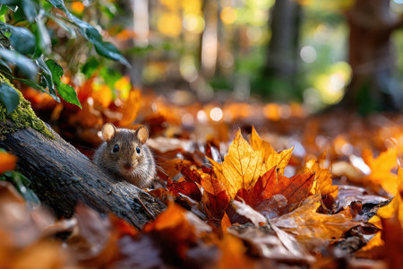 A small mouse peeks out from behind a log amidst fallen autumn leavesの写真素材