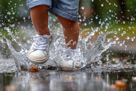 A child delightfully plays in water, causing splashes while wearing white shoes and denim shorts.の写真素材