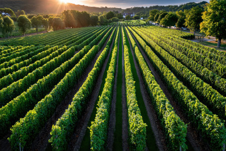 Neat rows of grapevines bask in the golden light of sunsetの写真素材