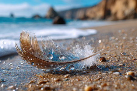 A feather rests on the wet sand of a beach with sparkling water dropletsの写真素材