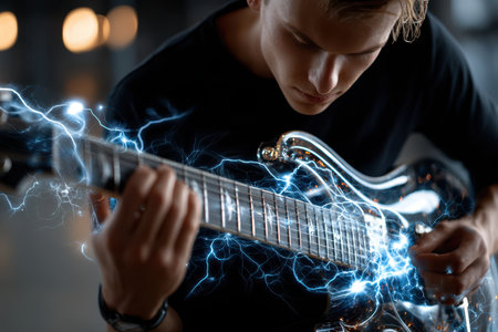 A skilled musician plays a captivating guitar solo while surrounded by a vibrant atmosphere, highlighting creativity.の写真素材