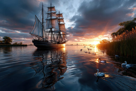 A tall ship with sails unfurled navigates through tranquil waters under a vibrant sunset, surrounded by swans.の写真素材
