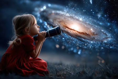 Young girl in a red dress gazes through a telescope at the starry night sky filled with galaxies.の写真素材