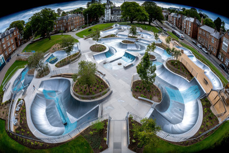 Fisheye lens view of a concrete skate park in a city settingの写真素材