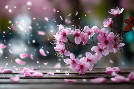 Pink blossoms on a branch with falling petals and a wooden surface belowの写真素材