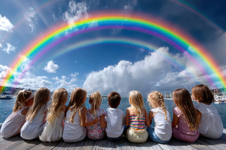 Ten children sit together on a dock, gazing at stunning rainbows arching over a beautiful harbor.の写真素材