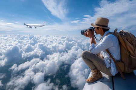 A traveler sits on an aircraft wing, capturing stunning images of planes flying through fluffy clouds at high altitude.の写真素材