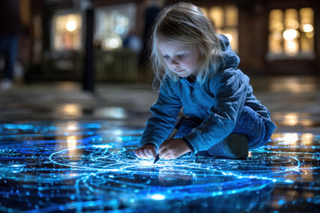A young child kneels on the ground, drawing with a light pen on the brightly illuminated pavement at night.の写真素材