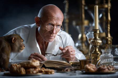 An elderly scholar studies an ancient book while a curious macaque observes in a cozy, dark study.の写真素材